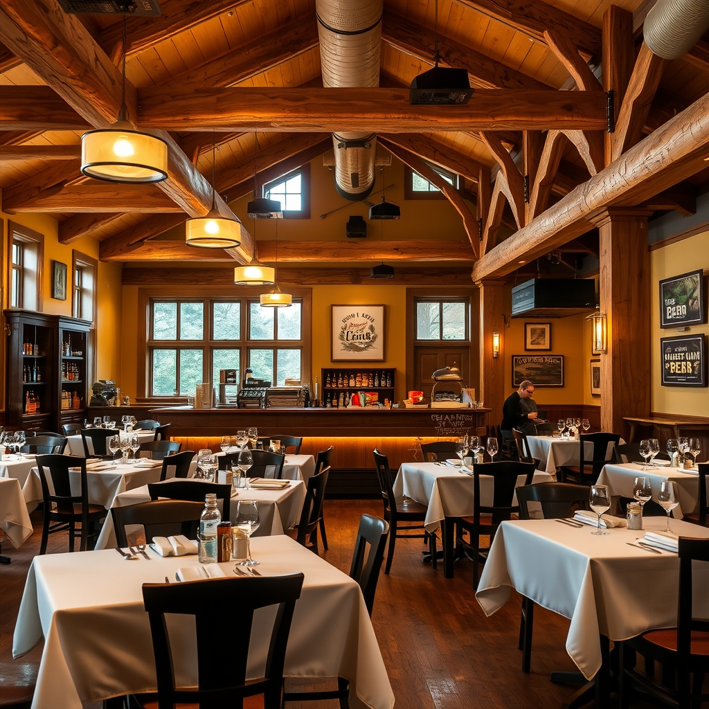 Upscale dining room with warm lighting, white linens, and craft beer selections displayed