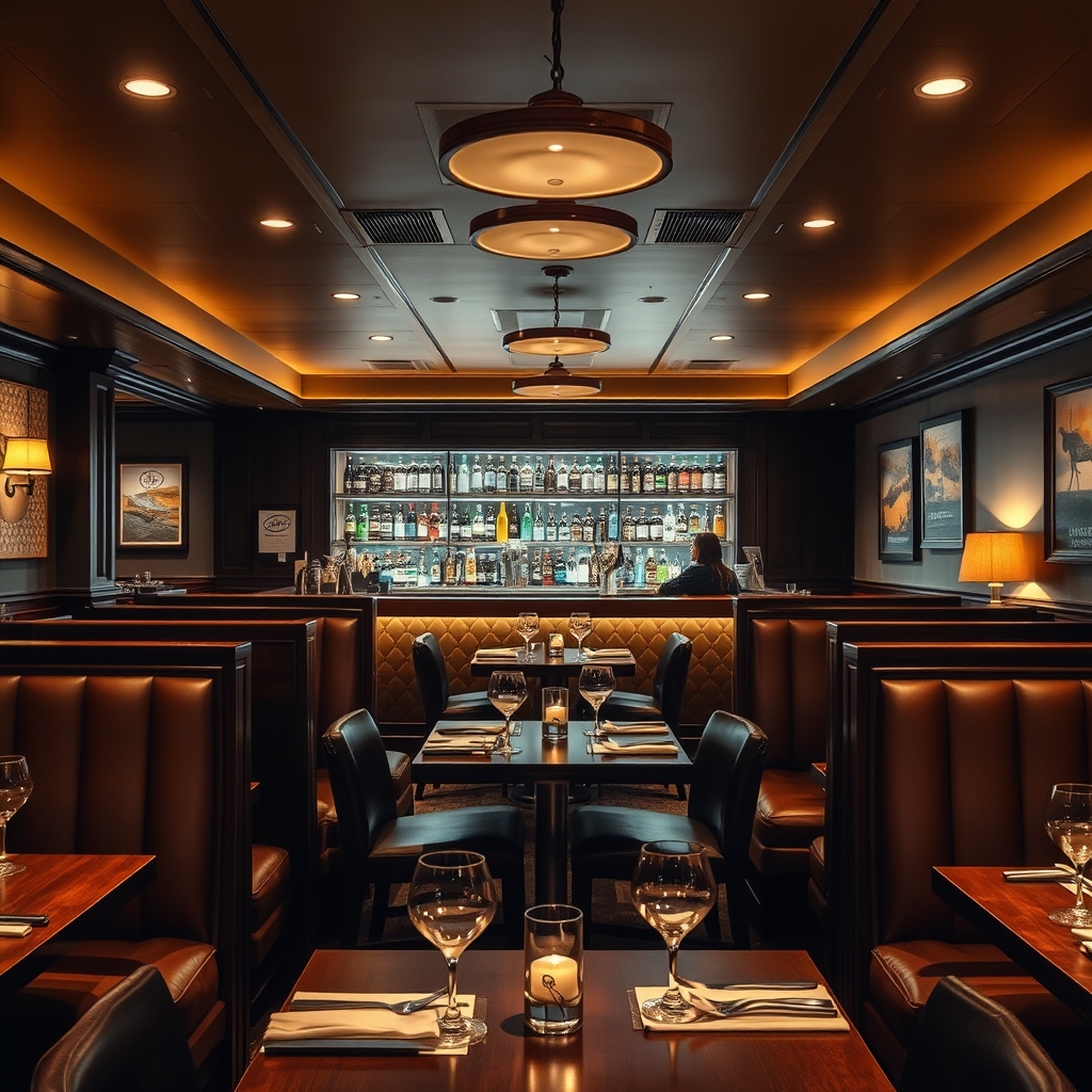 Sophisticated upscale restaurant dining room with intimate booths, soft lighting, craft beer shelves visible. Earth tones, warm ambiance, local artwork.