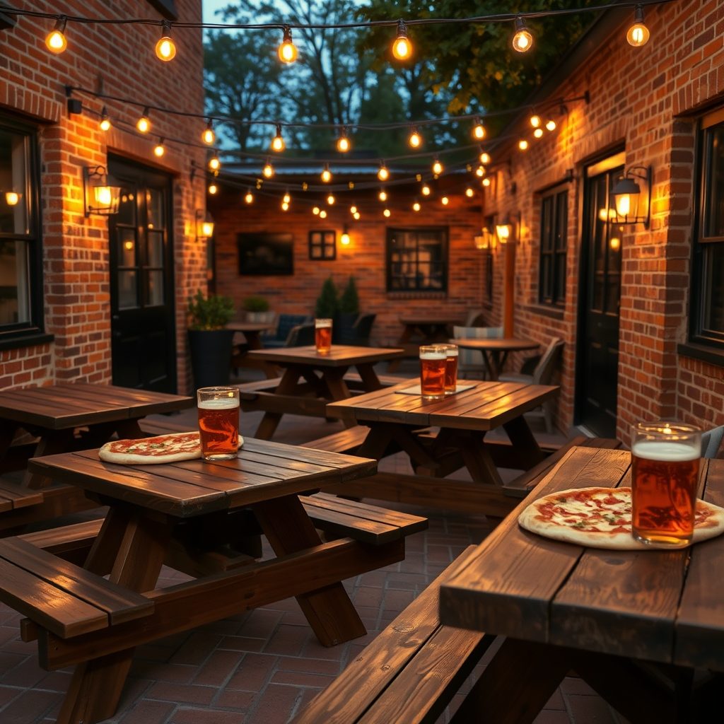 Evening patio of a brick New England brewpub: string lights, wooden tables with pints of amber beer and a pizza, warm window glow.