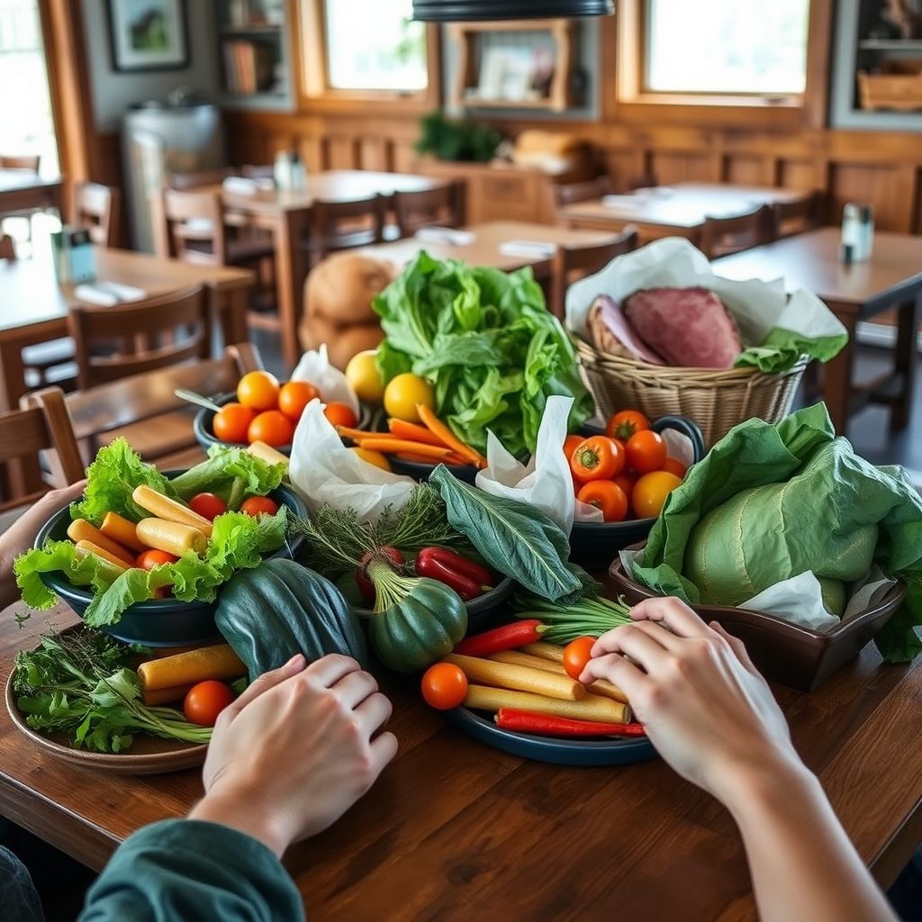 Farm-to-table restaurant setting with fresh local ingredients beautifully displayed. Seasonal vegetables, craft meats, artisan breads. Wooden table, natural daylight.