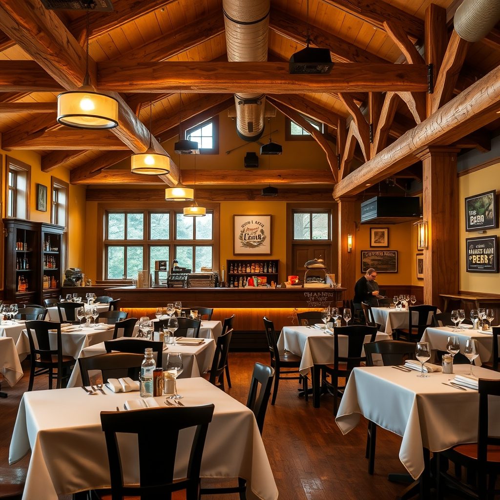 Upscale dining room with warm lighting, white linens, and craft beer selections displayed